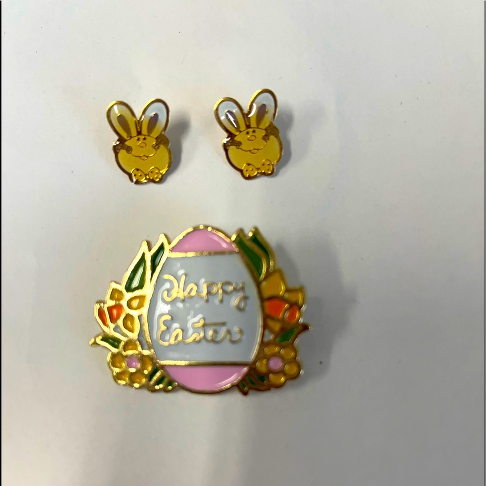 New set of Bunny earrings and an Easter egg pin .